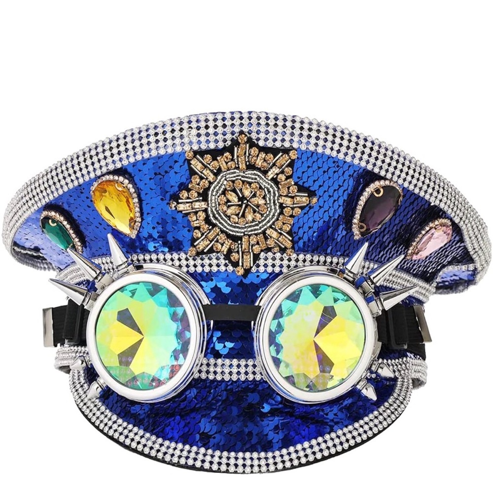 Blue Sequin Studded Hat Festival Hat with Goggles